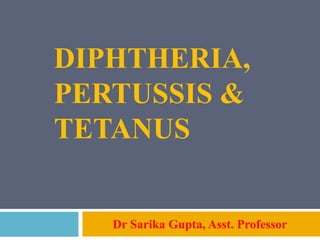 DIPHTHERIA,
PERTUSSIS &
TETANUS
Dr Sarika Gupta, Asst. Professor
 