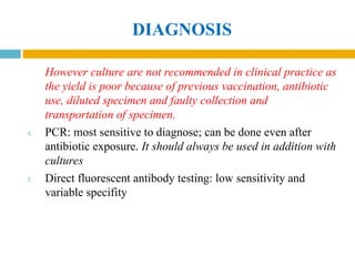 DIAGNOSIS
However culture are not recommended in clinical practice as
the yield is poor because of previous vaccination, antibiotic
use, diluted specimen and faulty collection and
transportation of specimen.
4. PCR: most sensitive to diagnose; can be done even after
antibiotic exposure. It should always be used in addition with
cultures
5. Direct fluorescent antibody testing: low sensitivity and
variable specifity
 