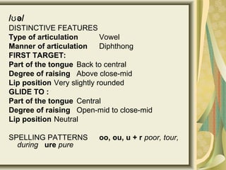 / ə/ʊ
DISTINCTIVE FEATURES
Type of articulation Vowel
Manner of articulation Diphthong
FIRST TARGET:
Part of the tongue Back to central
Degree of raising Above close-mid
Lip position Very slightly rounded
GLIDE TO :
Part of the tongue Central
Degree of raising Open-mid to close-mid
Lip position Neutral
SPELLING PATTERNS oo, ou, u + r poor, tour,
during ure pure
 