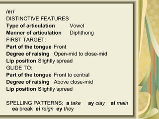 /e /ɪ
DISTINCTIVE FEATURES
Type of articulation Vowel
Manner of articulation Diphthong
FIRST TARGET:
Part of the tongue Front
Degree of raising Open-mid to close-mid
Lip position Slightly spread
GLIDE TO:
Part of the tongue Front to central
Degree of raising Above close-mid
Lip position Slightly spread
SPELLING PATTERNS: a take ay clay ai main
ea break ei reign ey they
 
