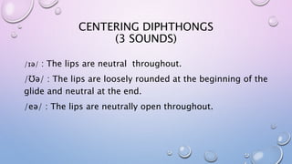 CENTERING DIPHTHONGS
(3 SOUNDS)
/ɪə/ : The lips are neutral throughout.
/Ʊə/ : The lips are loosely rounded at the beginning of the
glide and neutral at the end.
/eə/ : The lips are neutrally open throughout.
 
