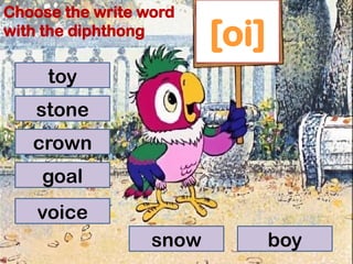 [oi]
toy
stone
crown
goal
voice
snow boy
Choose the write word
with the diphthong
 