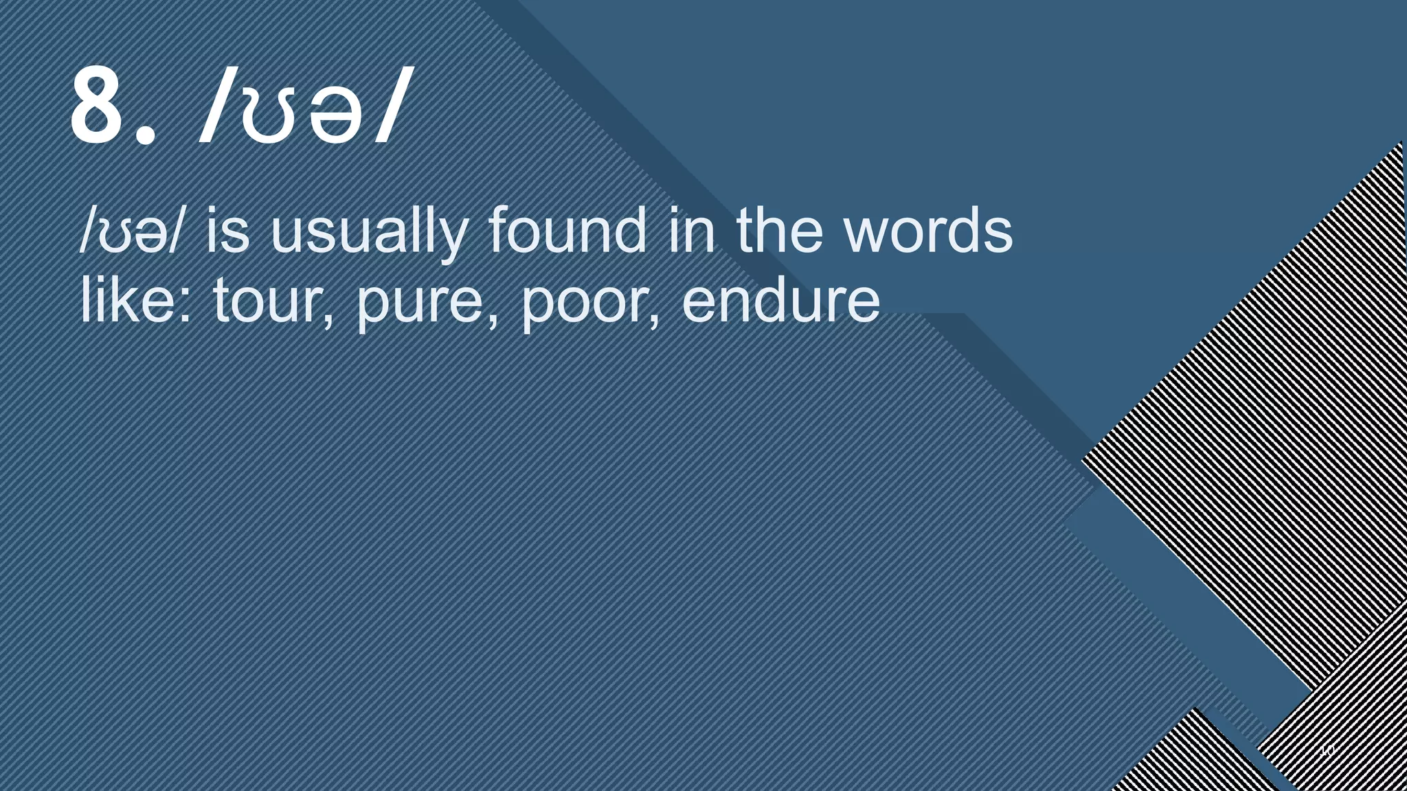 Click to edit Master title style
10
8. / /ʊə
/ ə/ is usually found in the wordsʊ
like: tour, pure, poor, endure
10
 