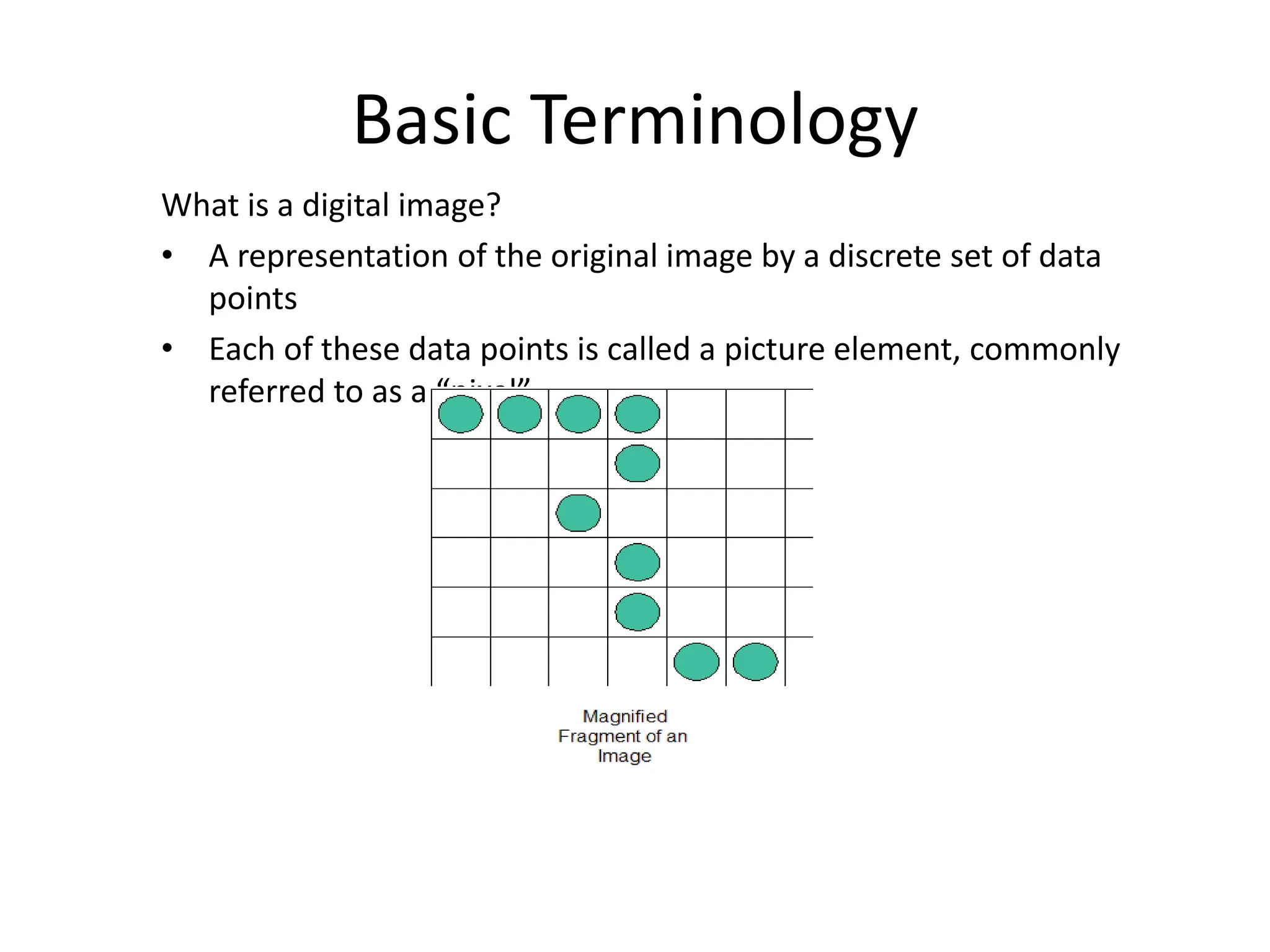 Basic Terminology
What is a digital image?
• A representation of the original image by a discrete set of data
points
• Each of these data points is called a picture element, commonly
referred to as a “pixel”
 