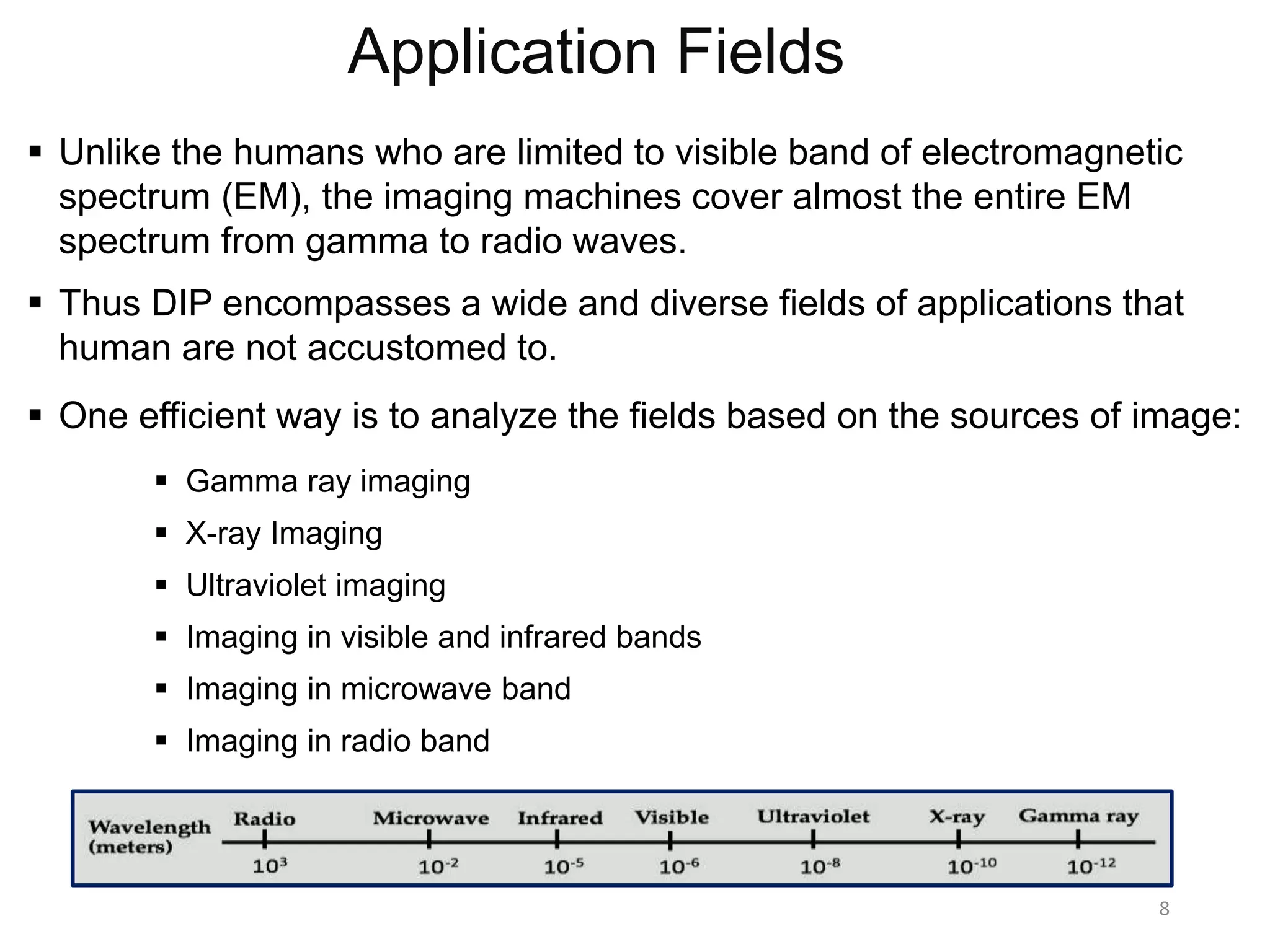 Application Fields
 Unlike the humans who are limited to visible band of electromagnetic
spectrum (EM), the imaging machines cover almost the entire EM
spectrum from gamma to radio waves.
 Thus DIP encompasses a wide and diverse fields of applications that
human are not accustomed to.
 One efficient way is to analyze the fields based on the sources of image:
 Gamma ray imaging
 X-ray Imaging
 Ultraviolet imaging
 Imaging in visible and infrared bands
 Imaging in microwave band
 Imaging in radio band
8
 