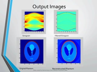 Output	Images	
Slide	created	by	Ratnamanjuri	Devi,	Research	Assistant,	MIRC	
50 100 150 200 250
50
100
150
200
250
20 40 60 80 100 120 140 160 180
50
100
150
200
250
20 40 60 80 100 120 140 160 180
50
100
150
200
250
50 100 150 200 250
50
100
150
200
250
Sinogram	 Filtered	Sinogram	
Original	Phantom	 Reconstructed	Phantom	
 