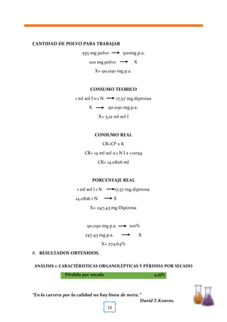 [TÍTULO DEL DOCUMENTO] [FECHA]
“En la carrera por la calidad no hay línea de meta.”
David T.Kearns.
13
CANTIDAD DE POLVO PARA TRABAJAR
555 mg polvo 500mg p.a.
100 mg polvo X
X= 90,090 mg p.a.
CONSUMO TEORICO
1 ml sol I 0.1 N 17,57 mg dipirona
X 90.090 mg p.a.
X= 5,12 ml sol I
CONSUMO REAL
CR=CP x K
CR= 14 ml sol 0.1 N I x 1.0059
CR= 14.0826 ml
PORCENTAJE REAL
1 ml sol I 1 N 17,57 mg dipirona
14.0826 1 N X
X= 247,43 mg Dipirona
90,090 mg p.a. 100%
247,43 mg p.a. X
X= 274,64%
8. RESULTADOS OBTENIDOS.
ANÁLISIS 1: CARACTÉRISTICAS ORGANOLÉPTICAS Y PÉRDIDA POR SECADO
Pérdida por secado 4,15%
 