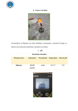 b. Ensayo a la llama
Al humedecer la Dipirona con ácido clorhídrico concentrado y colocarla al fuego, se
observó una coloración amarillenta y duradera en la llama.
c. pH
Resultados obtenidos
Principio activo Laboratorio Presentación Temperatura Valor de pH
Dipirona Sanofi
aventis
solida 25.0 °C 7.50
 