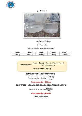 g. Disolución
AGUA - ALCOHOL
h. Valoración
Determinación de Peso Promedio
Peso 1 Peso 2 Peso 3 Peso 4 Peso 5
0.560 g 0.540 g 0.555 g 0.565 g 0.555
CONVERSION DEL PESO PROMEDIO
𝑷𝒆𝒔𝒐 𝒑𝒓𝒐𝒎𝒆𝒅𝒊𝒐 = 𝟎. 𝟓𝟓𝟓𝒈 ∗
𝟏𝟎𝟎𝟎 𝒎𝒈
𝟏 𝒈
Peso promedio = 555 mg
CONVERSION DE LA CONCENTRACION DEL PRICIPIO ACTIVO
𝑪𝒐𝒏𝒄. 𝒅𝒆𝒍 𝑷. 𝑨 = 𝟎. 𝟐𝒈 ∗
𝟏𝟎𝟎𝟎 𝒎𝒈
𝟏 𝒈
Peso promedio = 200 mg
Datos Importantes
Peso Promedio=
Peso 1 + Peso 2 + Peso 3 + Peso 4+Peso 5
# Compr.Pesados
Peso Promedio = 0.555 g
 