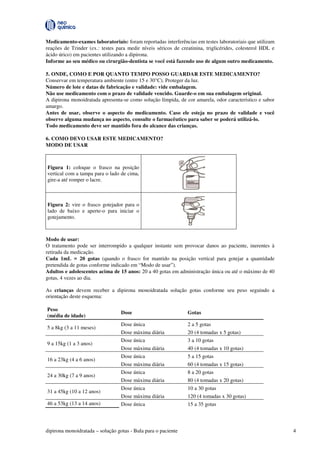 dipirona monoidratada – solução gotas - Bula para o paciente 4
Medicamento-exames laboratoriais: foram reportadas interferências em testes laboratoriais que utilizam
reações de Trinder (ex.: testes para medir níveis séricos de creatinina, triglicérides, colesterol HDL e
ácido úrico) em pacientes utilizando a dipirona.
Informe ao seu médico ou cirurgião-dentista se você está fazendo uso de algum outro medicamento.
5. ONDE, COMO E POR QUANTO TEMPO POSSO GUARDAR ESTE MEDICAMENTO?
Conservar em temperatura ambiente (entre 15 e 30°C). Proteger da luz.
Número de lote e datas de fabricação e validade: vide embalagem.
Não use medicamento com o prazo de validade vencido. Guarde-o em sua embalagem original.
A dipirona monoidratada apresenta-se como solução límpida, de cor amarela, odor característico e sabor
amargo.
Antes de usar, observe o aspecto do medicamento. Caso ele esteja no prazo de validade e você
observe alguma mudança no aspecto, consulte o farmacêutico para saber se poderá utilizá-lo.
Todo medicamento deve ser mantido fora do alcance das crianças.
6. COMO DEVO USAR ESTE MEDICAMENTO?
MODO DE USAR
Modo de usar:
O tratamento pode ser interrompido a qualquer instante sem provocar danos ao paciente, inerentes à
retirada da medicação.
Cada 1mL = 20 gotas (quando o frasco for mantido na posição vertical para gotejar a quantidade
pretendida de gotas conforme indicado em “Modo de usar”).
Adultos e adolescentes acima de 15 anos: 20 a 40 gotas em administração única ou até o máximo de 40
gotas, 4 vezes ao dia.
As crianças devem receber a dipirona monoidratada solução gotas conforme seu peso seguindo a
orientação deste esquema:
Peso
(média de idade)
Dose Gotas
5 a 8kg (3 a 11 meses)
Dose única 2 a 5 gotas
Dose máxima diária 20 (4 tomadas x 5 gotas)
9 a 15kg (1 a 3 anos)
Dose única 3 a 10 gotas
Dose máxima diária 40 (4 tomadas x 10 gotas)
16 a 23kg (4 a 6 anos)
Dose única 5 a 15 gotas
Dose máxima diária 60 (4 tomadas x 15 gotas)
24 a 30kg (7 a 9 anos)
Dose única 8 a 20 gotas
Dose máxima diária 80 (4 tomadas x 20 gotas)
31 a 45kg (10 a 12 anos)
Dose única 10 a 30 gotas
Dose máxima diária 120 (4 tomadas x 30 gotas)
46 a 53kg (13 a 14 anos) Dose única 15 a 35 gotas
Figura 1: coloque o frasco na posição
vertical com a tampa para o lado de cima,
gire-a até romper o lacre.
Figura 2: vire o frasco gotejador para o
lado de baixo e aperte-o para iniciar o
gotejamento.
 