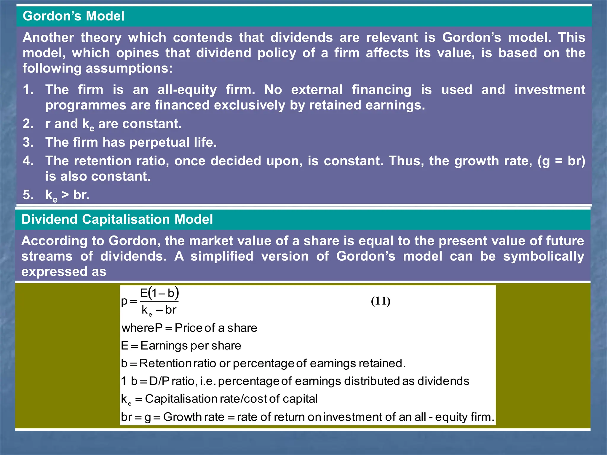 Gordon’s Model
Another theory which contends that dividends are relevant is Gordon’s model. This
model, which opines that dividend policy of a firm affects its value, is based on the
following assumptions:
1. The firm is an all-equity firm. No external financing is used and investment
programmes are financed exclusively by retained earnings.
2. r and ke are constant.
3. The firm has perpetual life.
4. The retention ratio, once decided upon, is constant. Thus, the growth rate, (g = br)
is also constant.
5. ke > br.
Dividend Capitalisation Model
According to Gordon, the market value of a share is equal to the present value of future
streams of dividends. A simplified version of Gordon’s model can be symbolically
expressed as
 
firm.
equity
-
all
an
of
investment
on
return
of
rate
rate
Growth
g
br
capital
of
rate/cost
tion
Capitalisa
k
dividends
as
d
distribute
earnings
of
percentage
i.e.
ratio,
D/P
b
1
retained.
earnings
of
percentage
or
ratio
Retention
b
share
per
Earnings
E
share
a
of
Price
whereP
br
k
b
1
E
p
e
e










 )
11
(
 