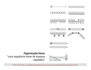 Organização	
  linear	
  
“uma	
  sequência	
  linear	
  de	
  espaços	
  
repeOdos”	
  
Prof.	
  Carla	
  Freitas	
  |	
  estudio@caliandradesenhos.com.br|	
  www.caliandradesenhos.blogspot.com.br	
  
 
