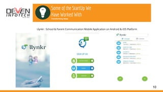 10
Some of the StartUp We
Have Worked With
Transforming Ideas
Llynkr : School & Parent Communication Mobile Application on Android & iOS Platform
 