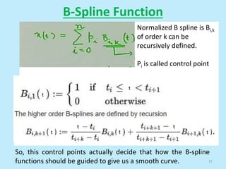 B-Spline Function
15
So, this control points actually decide that how the B-spline
functions should be guided to give us a smooth curve.
Normalized B spline is Bi,k
of order k can be
recursively defined.
Pi is called control point
t
t
t
t
t
t
t
t
t
t t
t
t
t
 