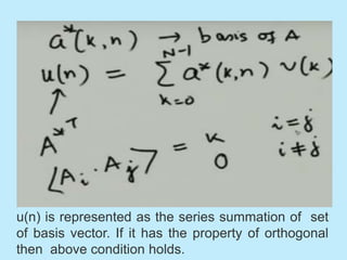 u(n) is represented as the series summation of set
of basis vector. If it has the property of orthogonal
then above condition holds.
 