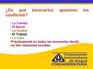 ¿En qué escenarios aparecen los conflictos? La Familia El Barrio La Ciudad El Trabajo La Calle Prácticamente en todos los escenarios donde se dan relaciones sociales 
