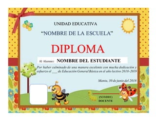 UNIDAD EDUCATIVA
“NOMBRE DE LA ESCUELA”
DIPLOMA
Al Alumno: NOMBRE DEL ESTUDIANTE
Por haber culminado de una manera excelente con mucha dedicación y
esfuerzo el ___ de Educación General Básica en el año lectivo 2018-2019
Manta, 30 de junio del 2018
(NOMBRE)
DOCENTE
 