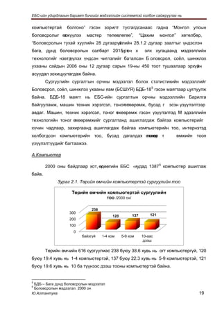 ЕБС-ийн удирдлагын баримт бичгийг мэдээллийн системтэй холбон сайжруулах нь


компьютертай     болгоно” гэсэн зорилт тусгагдсанаас гадна “Монгол улсын
боловсролыг өгжүүлэх
             х             мастер       төлөвлөгөө”,       “Цахим    монгол”    хөтөлбөр,
“Боловсролын тухай хуулийн 28 дугаарүйлийн 28.1.2 дугаар заалтыг үндэслэн
                                     з
бага, дунд боловсролын салбарт 2015 он х
                                   үрт                       элх хугацаанд мэдээллийн
технологийг нэвтр
                үүлэх үндсэн чиглэлийг баталсан Б оловсрол, соёл, шинжлэх
ухааны сайдын 2006 оны 12 дугаар сарын 19-ны 450 тоот тушаалаар эрхүйн
                                                                    з
асуудал зохицуулагдаж байна.
        Сургуулийн сургалтын орчны мэдээлэл болох статистикийн мэдээллийг
Боловсрол, соёл, шинжлэх ухааны яам (БСШУЯ) БДБ-18 5 гэсэн маягтаар цуглуулж
байна. БДБ-18 маягт нь ЕБС-ийн сургалтын орчны мэдээллийн Барилга
байгууламж, машин техник хэрэгсэл, тоногөхөөрөмж, бусад г
                                         т                               эсэн үзүүлэлтээр
авдаг. Машин, техник хэрэгсэл, тоног өхөөрөмж гэсэн үзүүлэлтэд М эдээллийн
                                     т
технологийн тоног өхөөрөмжийг сургалтанд ашиглагдаж байгаа компьютерийг
                  т
хүчин чадлаар, захиргаанд ашиглагдаж байгаа компьютерийн тоо, интернэтэд
холбогдсон компьютерийн тоо, бусад дагалдах өхөөр т
                                            тоног                              өмжийн тоон
үзүүлэлтүүдийг багтаажээ.

А.Компьютер

        2000 оны байдлаар хот, өдөөгийн ЕБС -иудад 1387 6 компьютер ашиглаж
                                х
байв.
             Зураг 2.1. Төрийн өмчийн компьютертэй сургуулийн тоо

                    Төрийн өмчийн компьютертэй сургуулийн
                                 тоо /2000 он/

                              238
                   300
                                          120        137       121
                   200
                   100
                     0
                         байхгүй    1-4 ком     5-9 ком    10-аас
                                                            дээш

        Төрийн өмчийн 616 сургуулиас 238 буюу 38.6 хувь нь огт компьютергүй, 120
буюу 19.4 хувь нь 1-4 компьютертэй, 137 буюу 22.3 хувь нь 5-9 компьютертэй, 121
буюу 19.6 хувь нь 10 ба түүнээс дээш тооны компьютертэй байна.


 БДБ – Бага дунд боловсролын мэдээлэл
5

 Боловсролын мэдээлэл. 2000 он
6

Ю.Алтантуяа                                                                            19
 