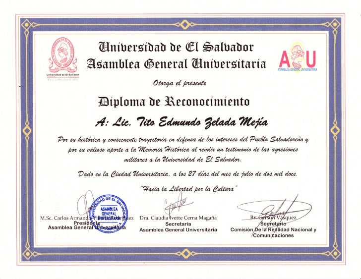 Diploma de Reconocimiento al Lic. Tito Edmundo Zelada 