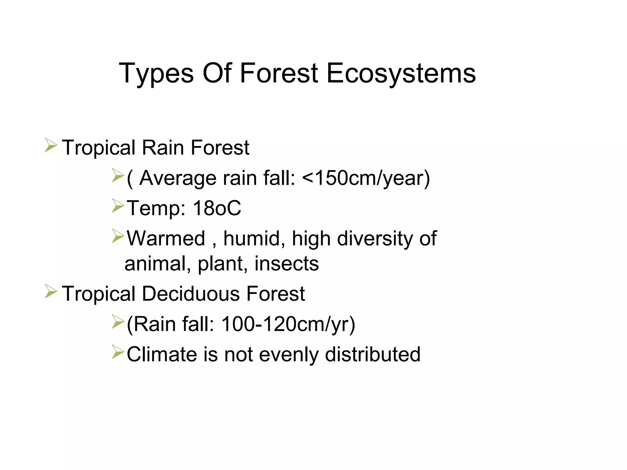 Types Of Forest Ecosystems
Tropical Rain Forest
( Average rain fall: <150cm/year)
Temp: 18oC
Warmed , humid, high diversity of
animal, plant, insects
Tropical Deciduous Forest
(Rain fall: 100-120cm/yr)
Climate is not evenly distributed
 