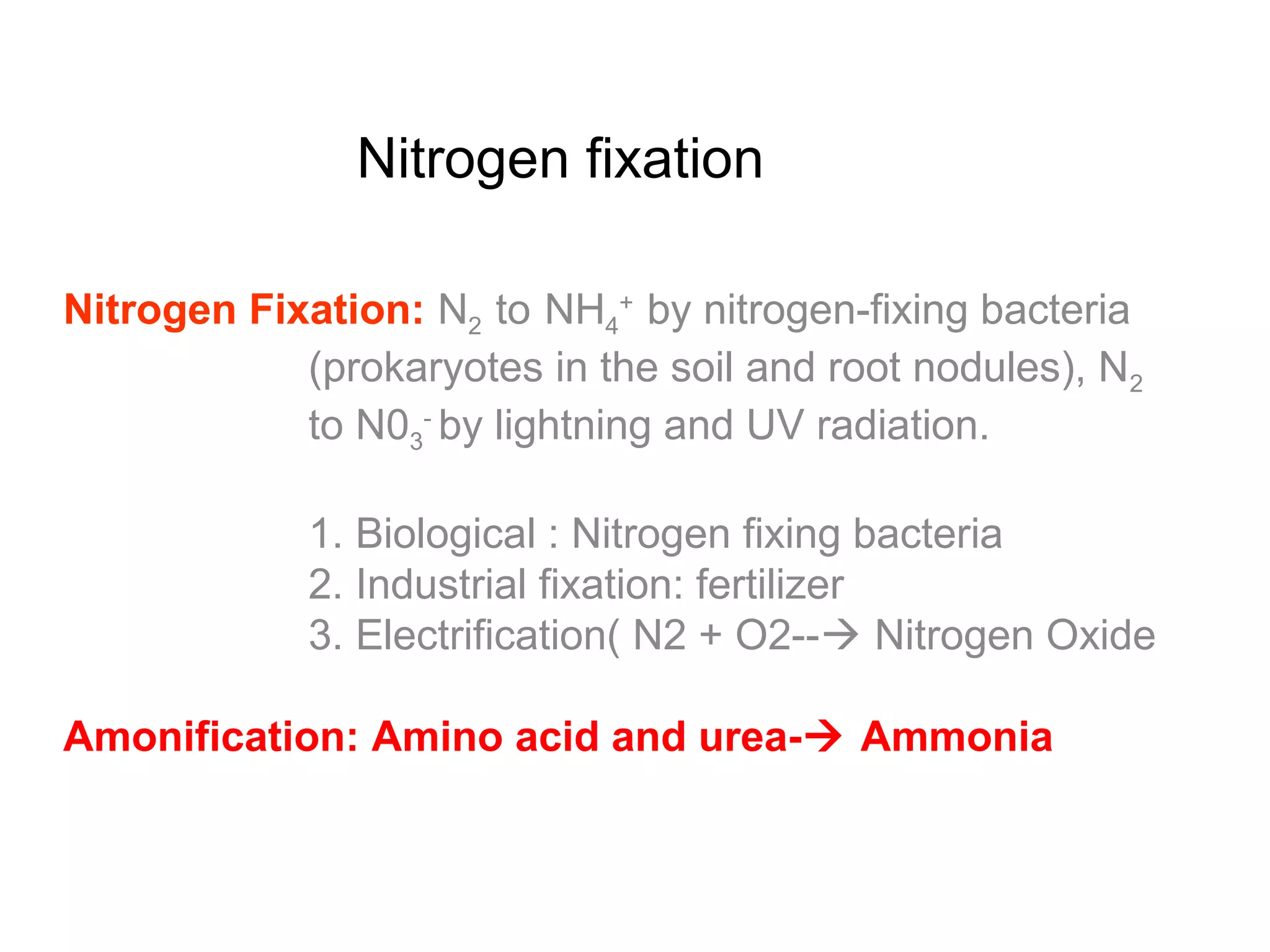 Nitrogen fixation
Nitrogen Fixation: N2 to NH4
+
by nitrogen-fixing bacteria
(prokaryotes in the soil and root nodules), N2
to N03
-
by lightning and UV radiation.
1. Biological : Nitrogen fixing bacteria
2. Industrial fixation: fertilizer
3. Electrification( N2 + O2-- Nitrogen Oxide
Amonification: Amino acid and urea- Ammonia
 