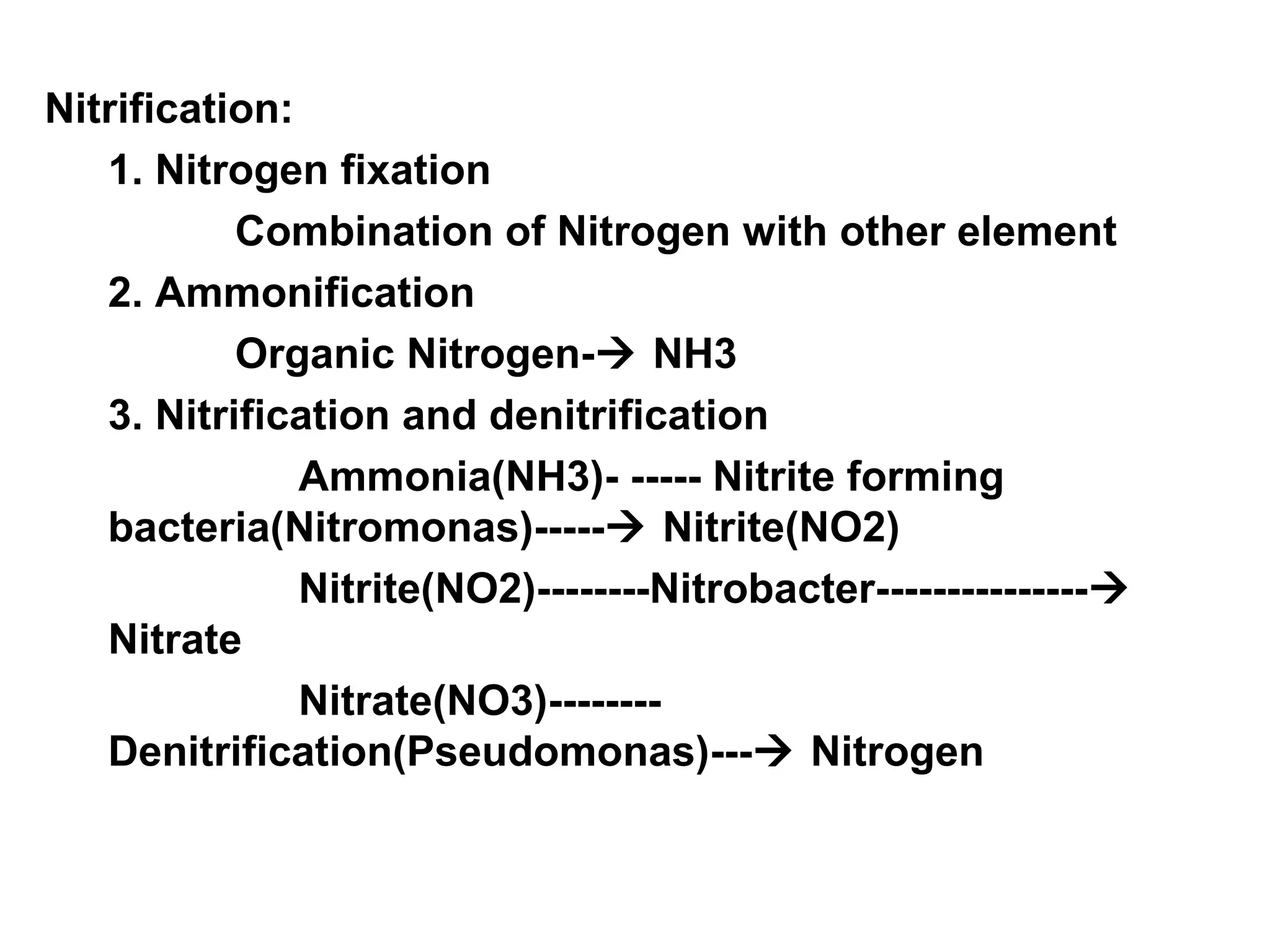 Nitrification:
1. Nitrogen fixation
Combination of Nitrogen with other element
2. Ammonification
Organic Nitrogen- NH3
3. Nitrification and denitrification
Ammonia(NH3)- ----- Nitrite forming
bacteria(Nitromonas)----- Nitrite(NO2)
Nitrite(NO2)--------Nitrobacter---------------
Nitrate
Nitrate(NO3)--------
Denitrification(Pseudomonas)--- Nitrogen
 