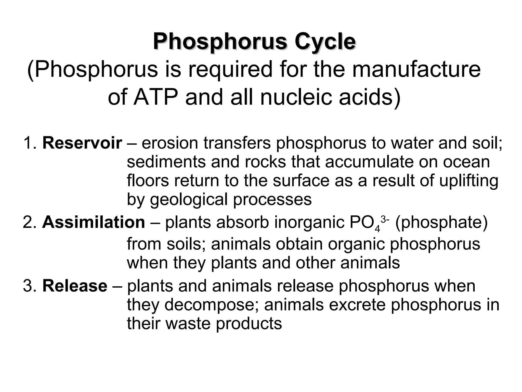 Phosphorus CyclePhosphorus Cycle
(Phosphorus is required for the manufacture
of ATP and all nucleic acids)
1. Reservoir – erosion transfers phosphorus to water and soil;
sediments and rocks that accumulate on ocean
floors return to the surface as a result of uplifting
by geological processes
2. Assimilation – plants absorb inorganic PO4
3-
(phosphate)
from soils; animals obtain organic phosphorus
when they plants and other animals
3. Release – plants and animals release phosphorus when
they decompose; animals excrete phosphorus in
their waste products
 