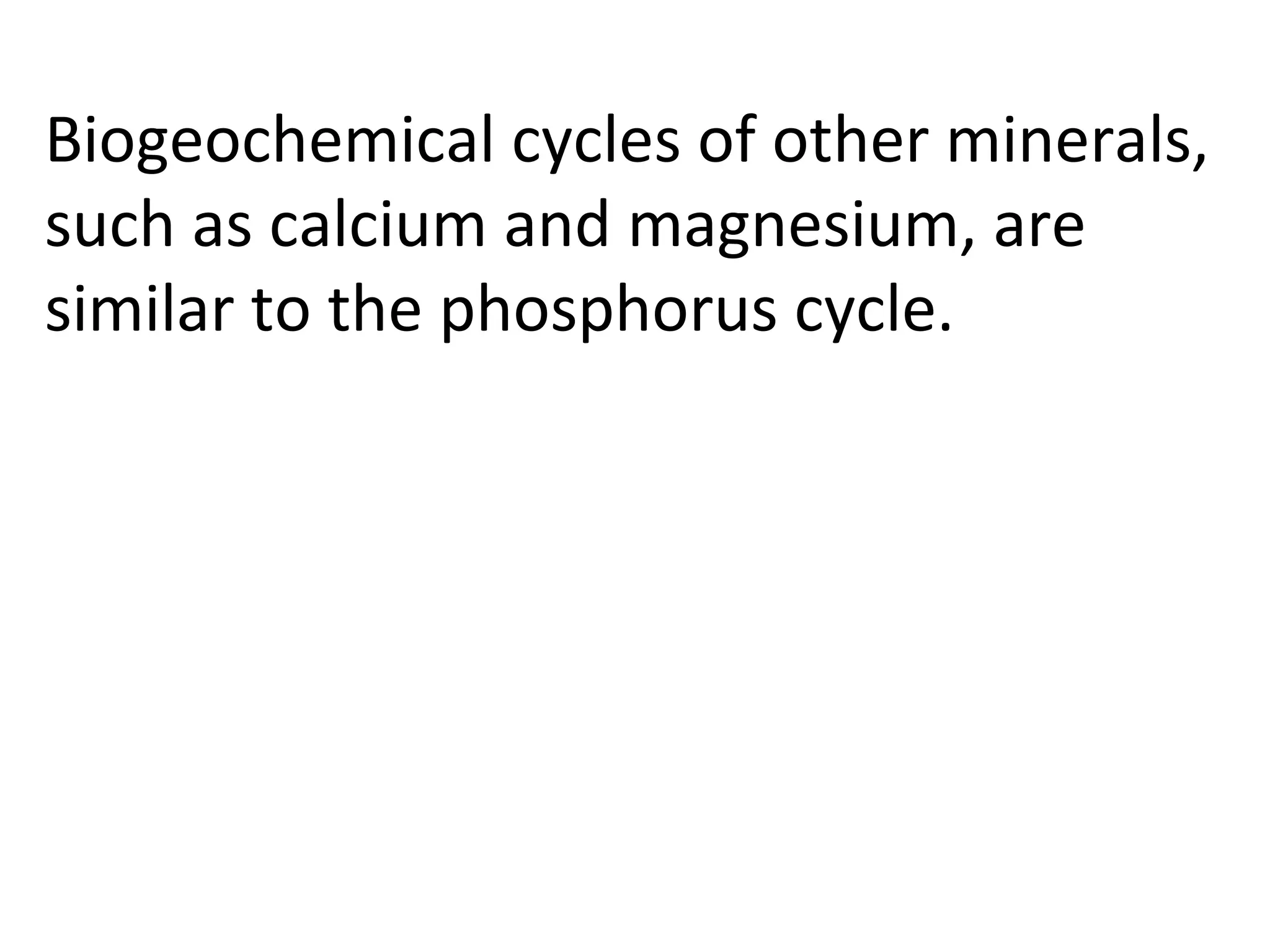 Biogeochemical cycles of other minerals,
such as calcium and magnesium, are
similar to the phosphorus cycle.
 
