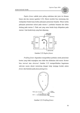Laporan Tugas Akhir
BAB II DASAR TEORI
16
Duplex fixture adalah jenis paling sederhana dari jenis ini dimana
hanya ada dua stasiun (gambar 2.23). Mesin tersebut bisa memasang dan
melepaskan benda kerja ketika pekerjaan pemesinan berjalan. Misal, ketika
pekerjaan pemesinan selesai pada stasiun 1, perkakas berputar dan siklus
diulang pada stasiun 2. Pada saat yang sama benda kerja dilepaskan pada
stasiun 1 dan benda kerja yang baru dipasang.
Gambar 2.22 Duplex fixture
Profiling fixture digunakan mengarahkan perkakas untuk pemesinan
kontur yang tidak terjangkau atau tidak bisa dilakukan oleh mesin. Kontur
bisa internal atau eksternal. Gambar 2.23 memperlihatkan bagaimana
nok/cam secara akurat memotong dengan tetap menjaga kontak antara
fixture dan bantalan pada pisau potong frais.
Gambar 2.23 Profiling fixture
 
