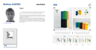 Mathieu CASTRO
TRIKIT.
	 Mon mémoire ayant pour sujet le code couleur, j’ai donc
décidé de faire mon projet sur les poubelles de tri sélectif.
En effet, nos poubelles de tri utilisent dans leur système un code
couleur pour faciliter la compréhension des citoyens lors de leurs
passages au tri collectif.
Malgré ce système, de nombreux problèmes persistent et en-
gendrent des incompréhensions. Ce système ne facilite donc pas
la compréhension ni simplifie les trieurs puisque de nombreuses
erreurs de tri sont toujours faites en France lors de leurs passages
au tri sélectif.
m.castro@strate.design
Identité[s]
 