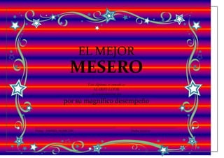EL MEJOR
                  MESERO
                        Este diploma se concede a:
                           MARIO LOOR
                          en reconocimiento por
              por su magnífico desempeño



Firma DANIEL ALARCON                                 Fecha 21/12/12
 