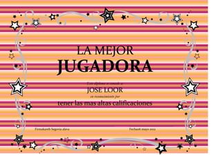 LA MEJOR
               JUGADORA
                            Este diploma se concede a:
                            JOSE LOOR
                              en reconocimiento por
               tener las mas altas calificaciones


Firmakareb Segovia alava                                 Fecha06 mayo 2012
 