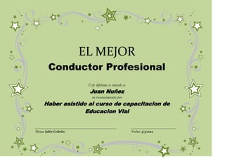 EL MEJOR
        Conductor Profesional
                       Este diploma se concede a:
                        Juan Nuñez
                         en reconocimiento por
     Haber asistido al curso de capacitacion de
                   Educacion Vial


Firma: Julio Cedeño                                 Fecha: 3/3/2012
 
