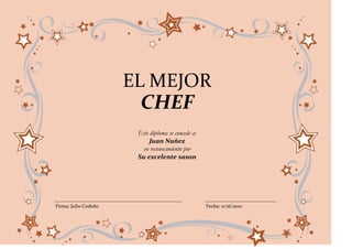 EL MEJOR
                        CHEF
                       Este diploma se concede a:
                            Juan Nuñez
                         en reconocimiento por
                       Su excelente sason




Firma: Julio Cedeño                                 Fecha: 11/16/2010
 