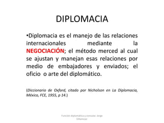 DIPLOMACIA ,[object Object],(Diccionario de Oxford, citado por Nicholson en La Diplomacia, México, FCE, 1955, p 14.) Función diplomática y consular. Jorge Villamizar. 