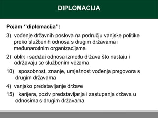 DIPLOMACIJA <ul><li>Pojam ‘’diplomacija’’: </li></ul><ul><li>vođenje državnih poslova na području vanjske politike  </li><...
