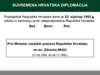 SUVREMENA HRVATSKA DIPLOMACIJA Predsjednik Republike Hrvatske donio je  22. siječnja 1992.g.  odluku o osnivanju prvih vel...