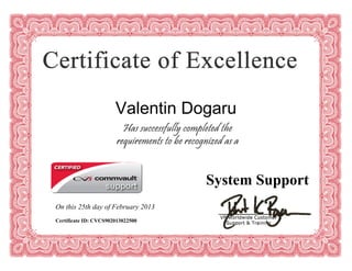 Valentin Dogaru
On this 25th day of February 2013
Certificate ID: CVCS902013022500
System Support
 