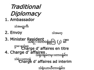 သံရံးိုး တာဝန္ခံမူက ြဲ (၂) မ
Charge d’ affaires en titre
သံရံို ေ မြဲတမ္း တာဝန္ခံမာ
Charge d’ affaires ad interim
သံရံို ယာယတာဝန္ခံမာ
1. Ambassador
သံေမတၾ
2. Envoy သံေမတ္
3. Minister Resident
ဌာေးနသံမ
4. Charge d’ affaires
သံရံးိုး တာဝန္ခံ
Traditional
Diplomacy
 