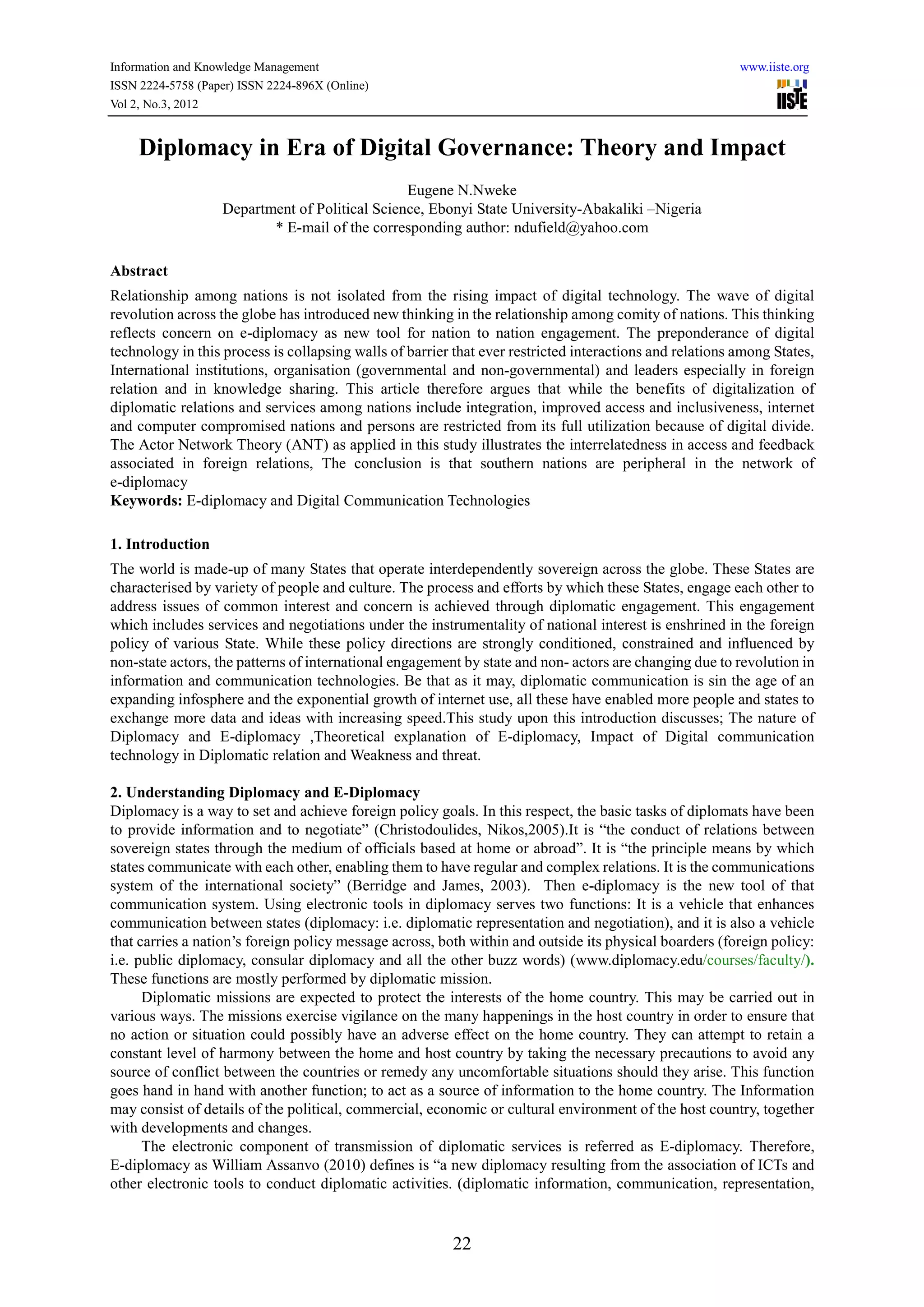 Diplomacy in era of digital governance theory and impact | PDF