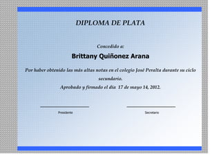DIPLOMA DE PLATA


                                  Concedido a:

                        Brittany Quiñonez Arana

Por haber obtenido las más altas notas en el colegio José Peralta durante su ciclo
                                   secundario.
                Aprobado y firmado el día 17 de mayo 14, 2012.


       _________________                         _________________
               Presidente                                Secretario
 