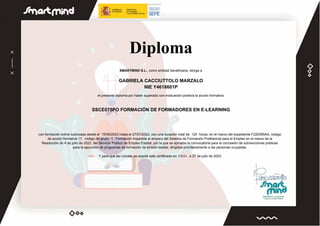 Diploma
SMARTMIND S.L., como entidad beneficiaria, otorga a
GABRIELA CACCIUTTOLO MARZALO
NIE Y4618601P
el presente diploma por haber superado con evaluación positiva la acción formativa
SSCE075PO FORMACIÓN DE FORMADORES EN E-LEARNING
con formación online tutorizada desde el 15/06/2023 hasta el 27/07/2023, con una duración total de 120 horas, en el marco del expediente F220395AA, código
de acción formativa 17, código de grupo 1. Formación impartida al amparo del Sistema de Formación Profesional para el Empleo en el marco de la
Resolución de 4 de julio de 2022, del Servicio Público de Empleo Estatal, por la que se aprueba la convocatoria para la concesión de subvenciones públicas
para la ejecución de programas de formación de ámbito estatal, dirigidos prioritariamente a las personas ocupadas.
Y para que así conste, se expide este certificado en VIGO , a 27 de julio de 2023.
 