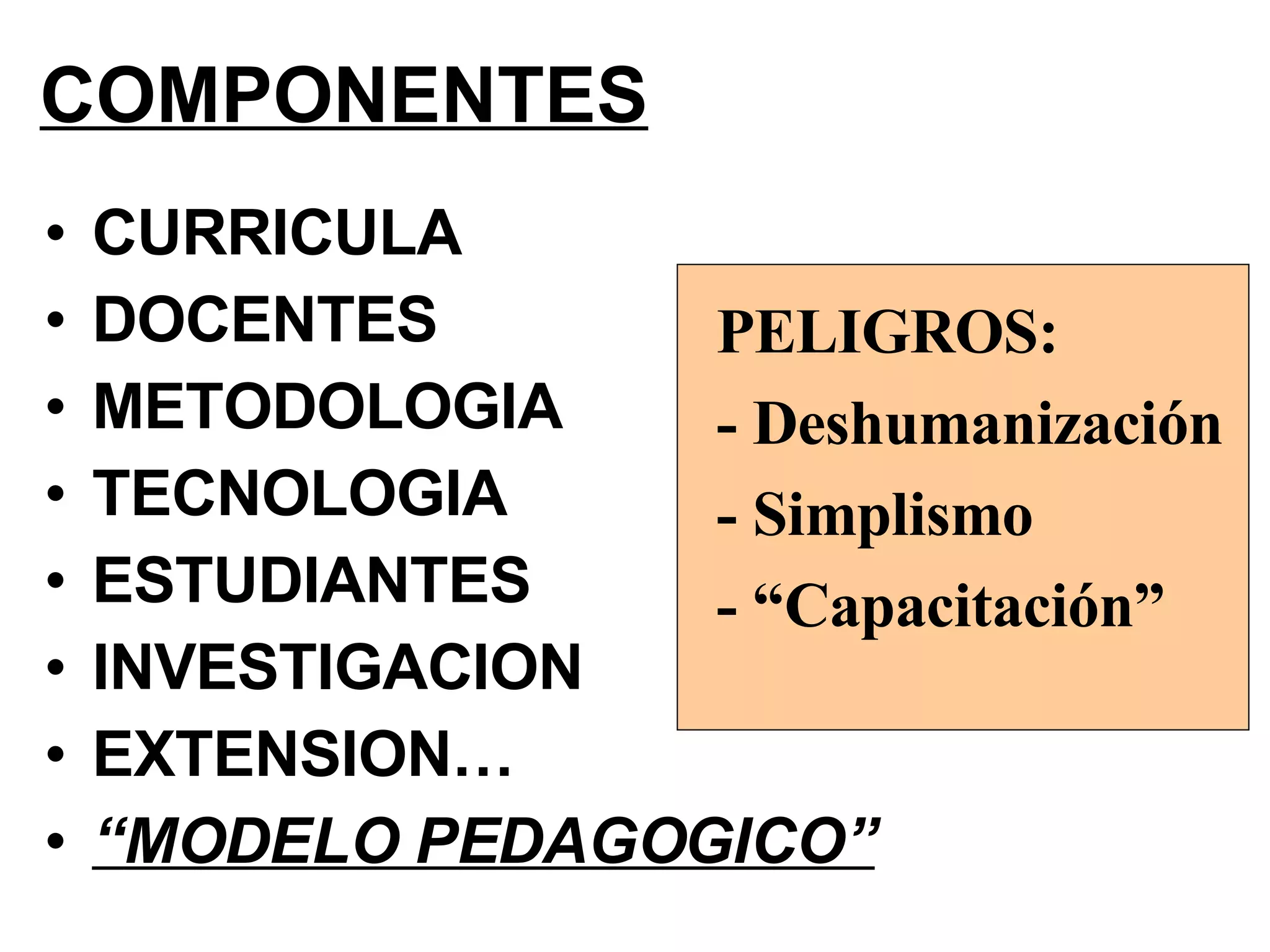 COMPONENTES CURRICULA DOCENTES METODOLOGIA TECNOLOGIA ESTUDIANTES INVESTIGACION EXTENSION… “ MODELO PEDAGOGICO” PELIGROS: - Deshumanización - Simplismo - “Capacitación”