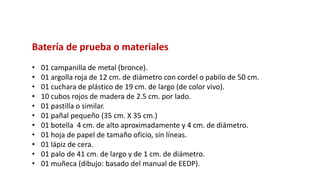 Batería de prueba o materiales
• 01 campanilla de metal (bronce).
• 01 argolla roja de 12 cm. de diámetro con cordel o pabilo de 50 cm.
• 01 cuchara de plástico de 19 cm. de largo (de color vivo).
• 10 cubos rojos de madera de 2.5 cm. por lado.
• 01 pastilla o similar.
• 01 pañal pequeño (35 cm. X 35 cm.)
• 01 botella 4 cm. de alto aproximadamente y 4 cm. de diámetro.
• 01 hoja de papel de tamaño oficio, sin líneas.
• 01 lápiz de cera.
• 01 palo de 41 cm. de largo y de 1 cm. de diámetro.
• 01 muñeca (dibujo: basado del manual de EEDP).
 