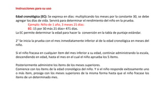 Instrucciones para su uso
Edad cronológica (EC): Se expresa en días: multiplicando los meses por la constante 30, se debe
agregar los días de vida. Servirá para determinar el rendimiento del niño en la prueba.
Ejemplo: Niño de 1 año, 3 meses 21 días:
EC: 15 por 30 más 21 días= 471 días.
La EC permite determinar la edad para hacer la conversión en la tabla de puntaje estándar.
2° Se inicia la prueba con el mes inmediatamente inferior al de la edad cronológica en meses del
niño.
Si el niño fracasa en cualquier ítem del mes inferior a su edad, continúe administrando la escala,
descendiendo en edad, hasta el mes en el cual el niño aprueba los 5 ítems.
Posteriormente administre los ítems de los meses superiores.
Comience con los ítems de la edad cronológica del niño. Y si el niño responde exitosamente uno
o más ítem, prosiga con los meses superiores de la misma forma hasta que el niño fracase los
ítems de un determinado mes.
 