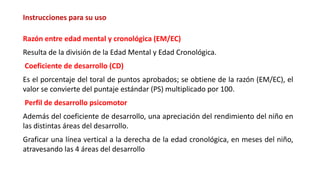 Instrucciones para su uso
Razón entre edad mental y cronológica (EM/EC)
Resulta de la división de la Edad Mental y Edad Cronológica.
Coeficiente de desarrollo (CD)
Es el porcentaje del toral de puntos aprobados; se obtiene de la razón (EM/EC), el
valor se convierte del puntaje estándar (PS) multiplicado por 100.
Perfil de desarrollo psicomotor
Además del coeficiente de desarrollo, una apreciación del rendimiento del niño en
las distintas áreas del desarrollo.
Graficar una línea vertical a la derecha de la edad cronológica, en meses del niño,
atravesando las 4 áreas del desarrollo
 