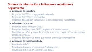 Sistema de información e Indicadores, monitoreo y
seguimiento
a. Indicadores de estructura:
• Proporción de EESS con equipamiento adecuado
• Proporción de EESS con kit completos.
• Proporción de EESS con profesional de la salud capacitados y acreditados.
b. Indicadores de proceso:
• Porcentaje de RN con cuatro CRED.
• Porcentaje de niñas y niños CRED completo de acuerdo a su edad.
• Porcentaje de niñas y niños de acuerdo a su edad, cuyos padres han recibido
consejería nutricional.
• Porcentaje de niños de 06 meses que cuentan con dosaje de hemoglobina.
c. Indicadores de impacto/resultado:
• Prevalencia de DCI
• Prevalencia de anemia en menores de 3 años de edad.
• Prevalencia de IRA y EDA en menores de 3 años.
 