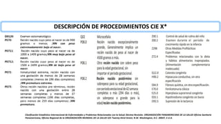 Clasificación Estadística Internacional de Enfermedades y Problemas Relacionados con la Salud; Décima Revisión. ORGANIZACIÓN PANAMERICANA DE LA SALUD Oficina Sanitaria
Panamericana, Oficina Regional de la ORGANIZACIÓN MUNDIAL DE LA SALUD 525 Twenty-third Street, N.W. Washington, D.C. 20037, E.U.A.
DESCRIPCIÓN DE PROCEDIMIENTOS CIE X*
 