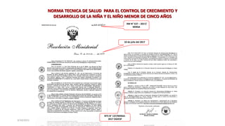 NORMA TECNICA DE SALUD PARA EL CONTROL DE CRECIMIENTO Y
DESARROLLO DE LA NIÑA Y EL NIÑO MENOR DE CINCO AÑOS
10 de julio del 2017
RM N° 537 – 2017/
MINSA
NTS N° 137/MINSA-
2017 DGIESP
3/10/2021
 