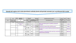 D.N.I.
FINAN
C.
DISTRITO DE
PROCEDENCIA
EDAD
PERIMETR
O
CEFALICO
Y
ABDOMIN
AL
EVALUACION
ANTROPOMETRIC
A HEMOGLOBINA
ESTA- SER- DIAGNÓSTICO MOTIVO DE CONSULTA TIPO DE VALOR CÓDIGO
DIA HISTORIA CLINICA 10 12 SEXO BLEC
VICI
O
Y/O ACTIVIDAD DE SALUD
DIAGNÓSTI
CO
LAB CIE / CPT
GESTANTE/PUERPE
RA
ETNIA CENTRO POBLADO P D R 1º 2º 3º
1
San Martín de
Porras
20
A M PC 35 PESO 4.0 N N 1.
Visita domiciliaria para el cuidado y evaluación
neonatal
P D R 99502
M TALLA 52.0 C C 2. Anamnesis y examen físico del RN normal P D R 99431
58 F Pab
D Hb R R 3.
Consejería en Lactancia Materna Exclusiva hasta los
6 meses.
P D R 99401.03
A M PC PESO N N 1. Consejería en importancia del control de crecimiento
y desarrollo (4 controles)
P D R 99401.06
M TALLA C C 2. P D R
F Pab
D Hb R R 3. P D R
Ejemplo del registro de la visita domiciliaria realizado dentro del periodo neonatal, por un profesional de la salud
 